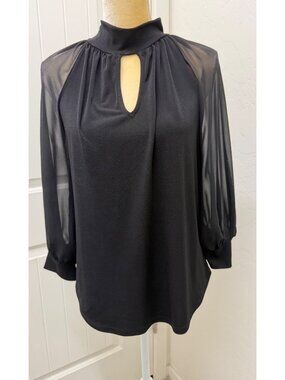 NYC 7th Avenue Design Studio Black Sheer Long Sleeve Keyhole Stretch Blouse S